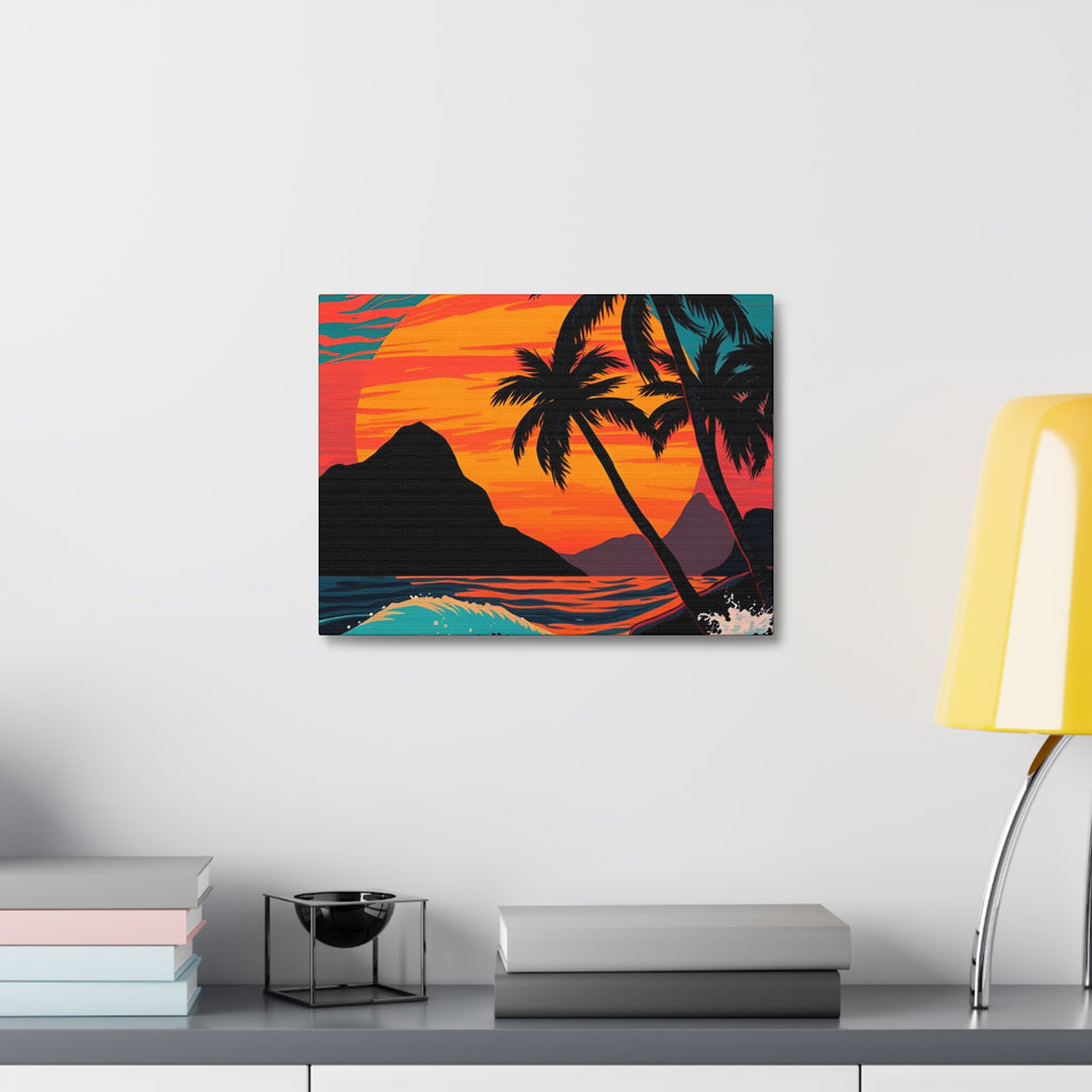Tropical Sunset Canvas Wall Art — Palm Trees and Ocean Waves Stretched Canvas