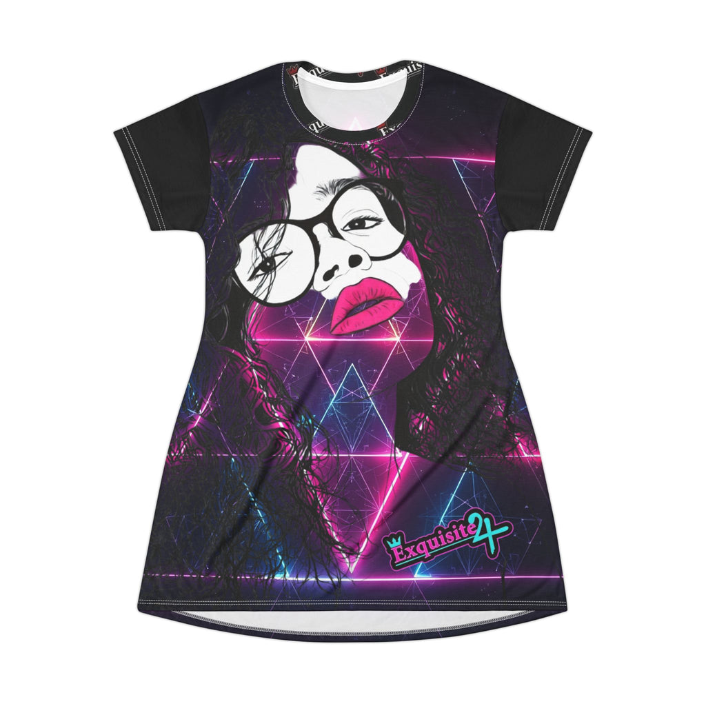 Neon Retro Portrait T-Shirt Dress — 80s Vaporwave Geometric Print