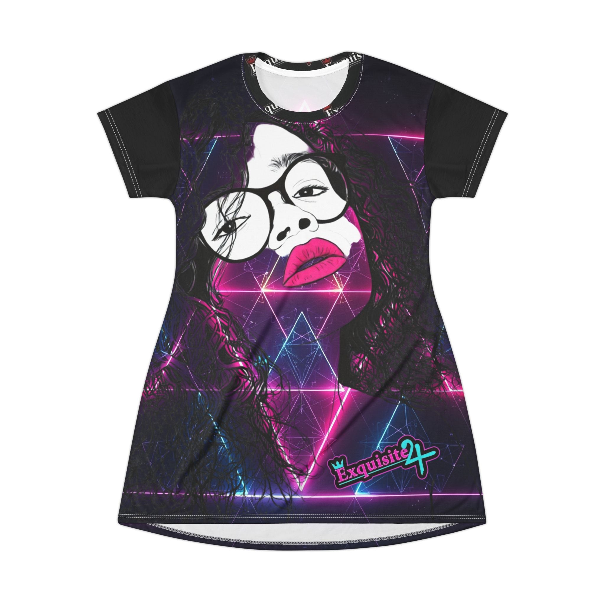 Neon Retro Portrait T-Shirt Dress — 80s Vaporwave Geometric Print