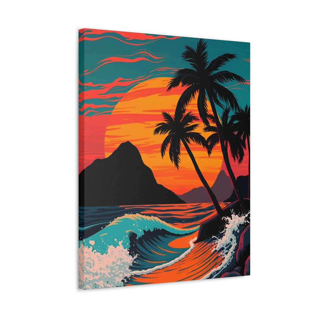 Tropical Sunset Canvas Wall Art — Palm Trees and Ocean Waves Stretched Canvas