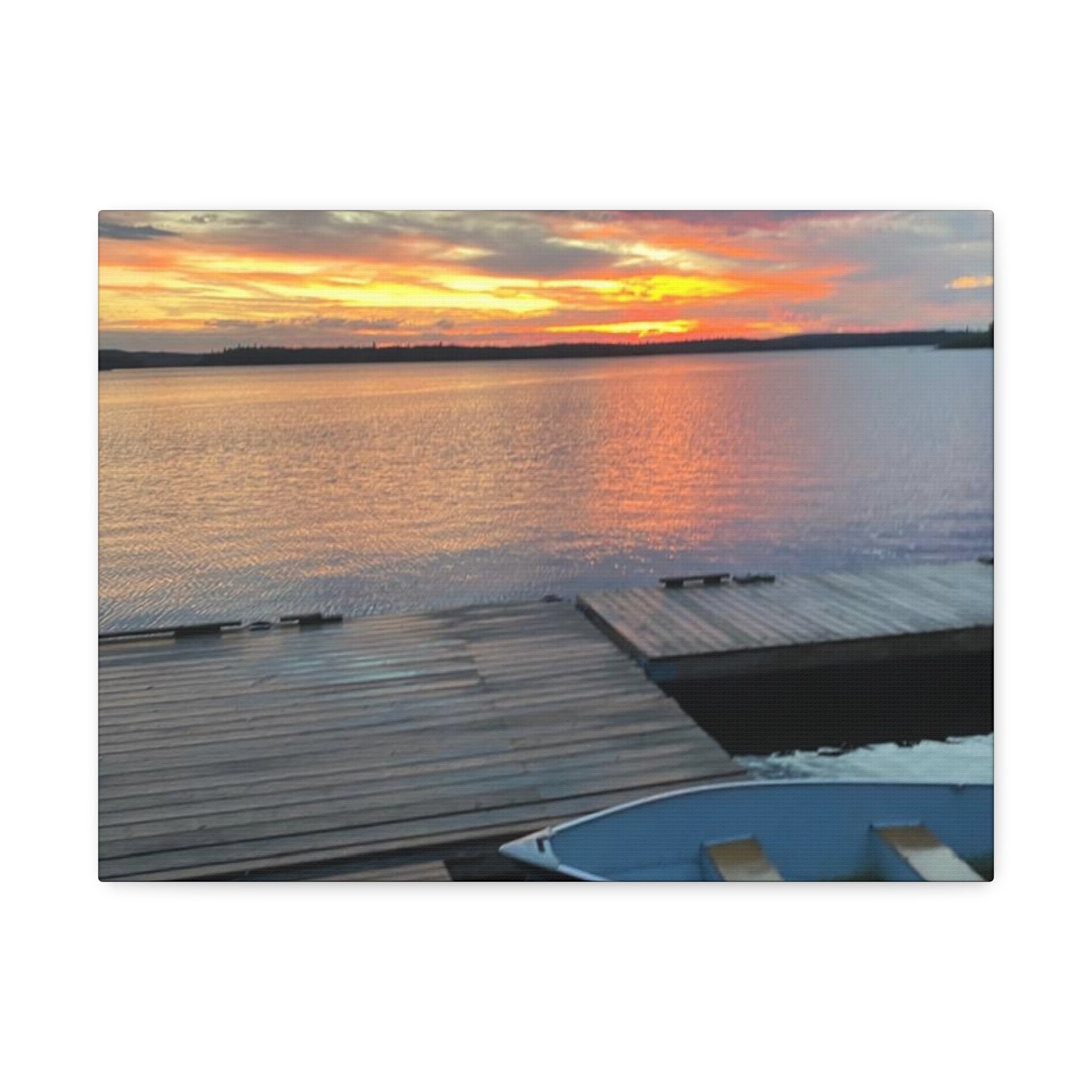 Sunset Lake Dock Stretched Canvas - Tranquil Waterfront Wall Art