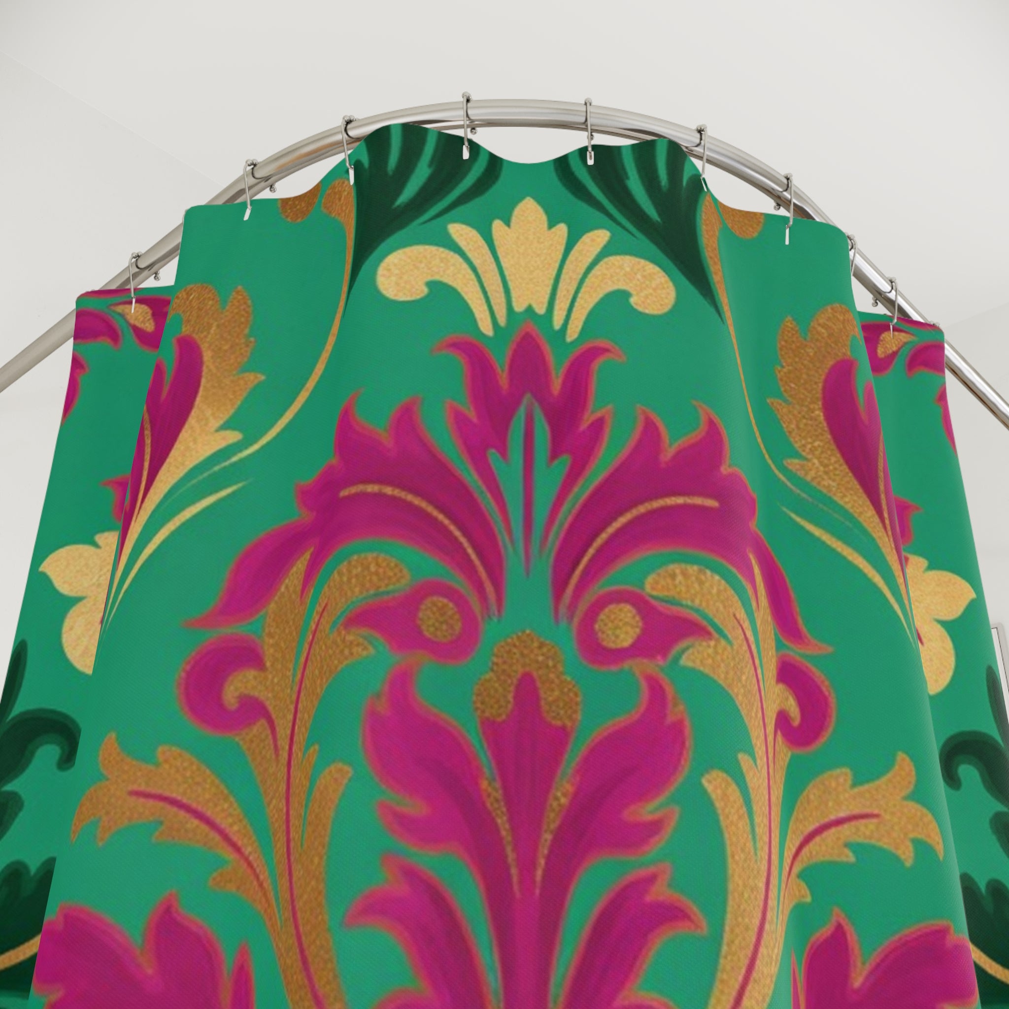 Damask Shower Curtain — Teal, Fuchsia & Gold Vintage Floral Bath Décor