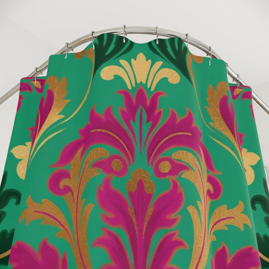 Damask Shower Curtain — Teal, Fuchsia & Gold Vintage Floral Bath Décor