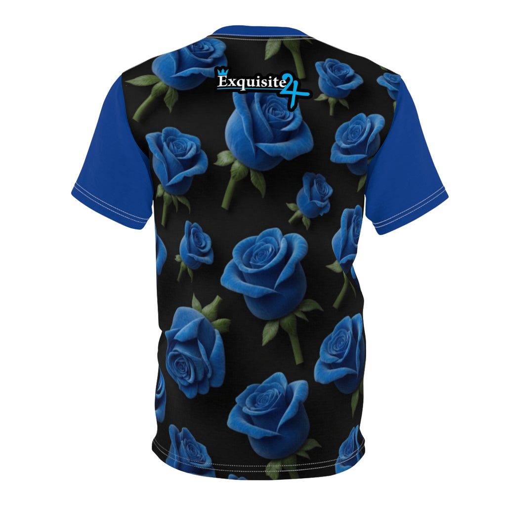 Blue Rose All-Over Print Tee — Floral Black Graphic Shirt