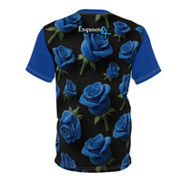 Blue Rose All-Over Print Tee — Floral Black Graphic Shirt