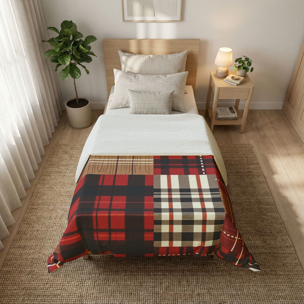 Plaid Patchwork Cotton Duvet Cover — Red Check Rustic Cabin Bedding