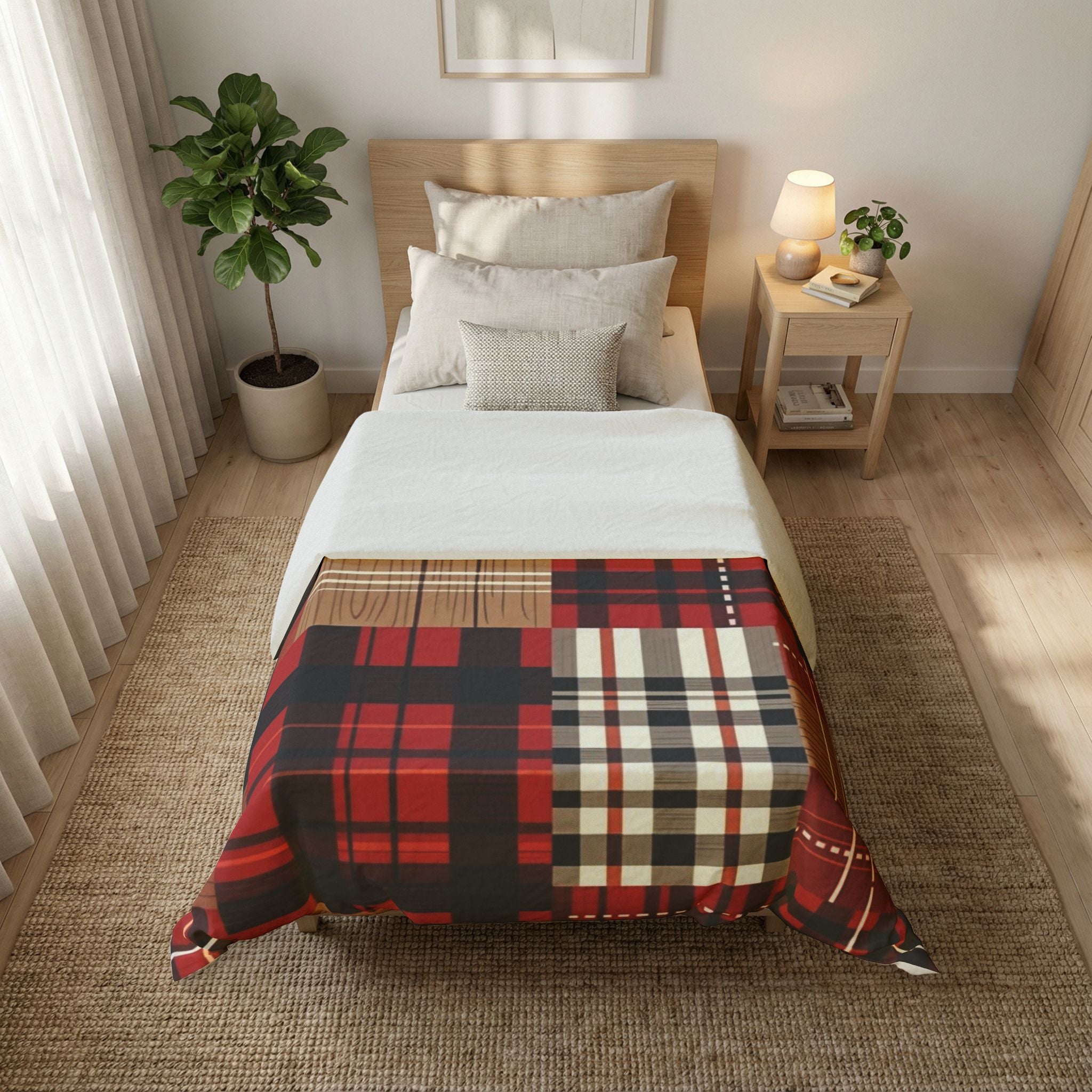 Plaid Patchwork Cotton Duvet Cover — Red Check Rustic Cabin Bedding