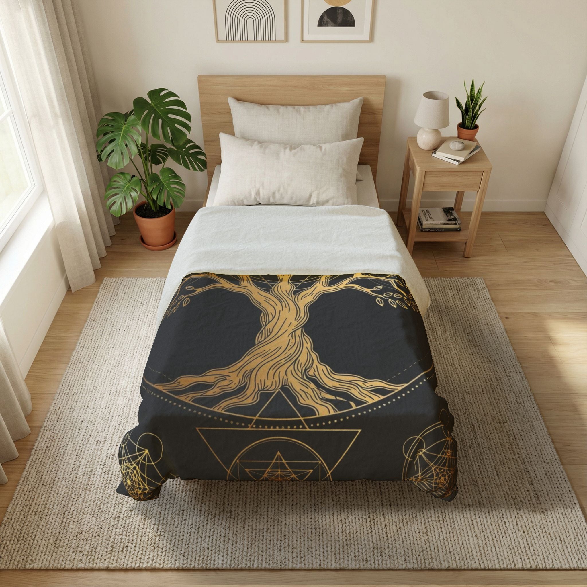 Golden Tree of Life Cotton Duvet Cover — Mystical Geometric Bedding