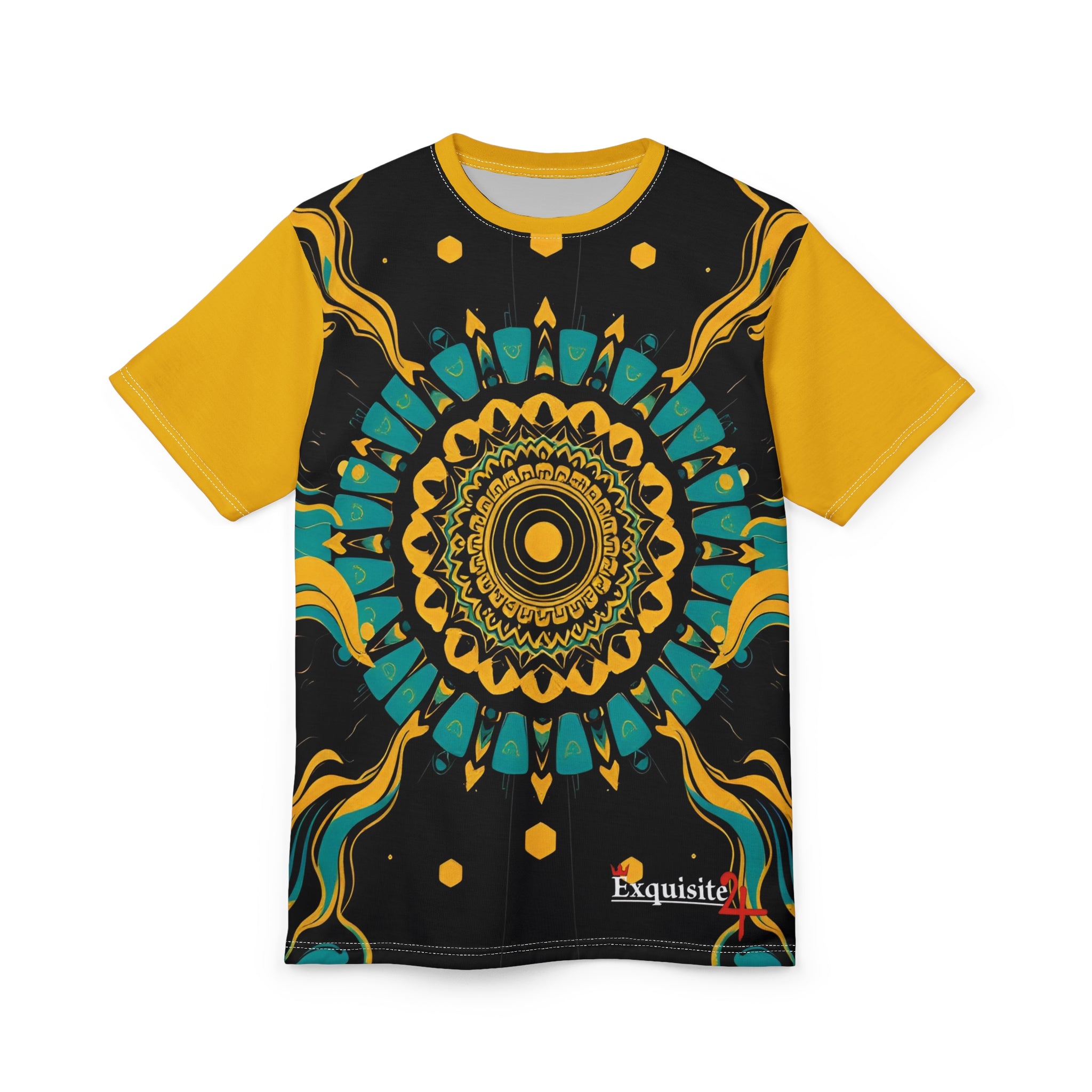 Mandala Burst Cut & Sew Tee — Yellow Teal All-Over Print
