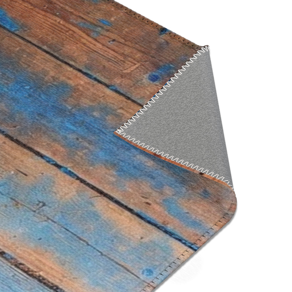 Rustic Blue Patina Wood Area Rug — Distressed Coastal Floor Decor