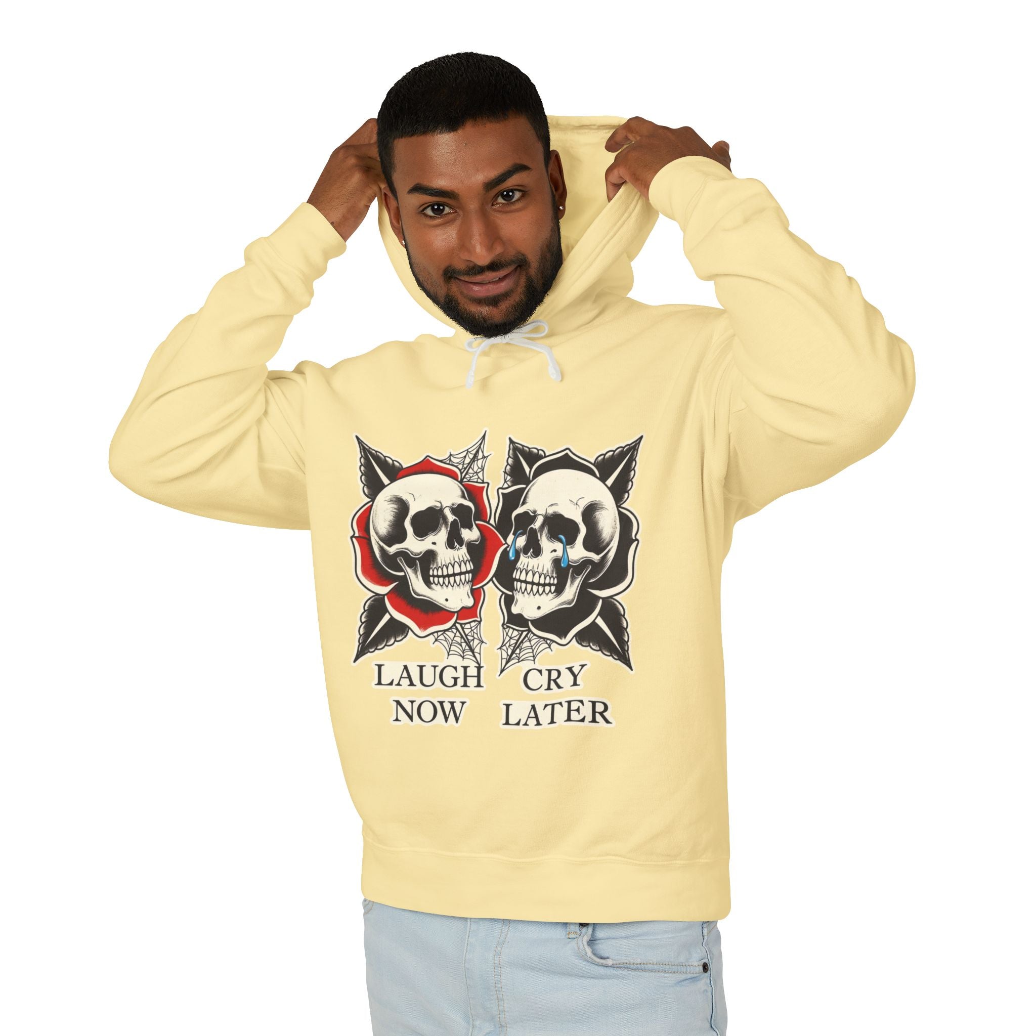 Laugh Now Cry Later Skull Hoodie — Vintage Expressive Skull Hooded Sweatshirt