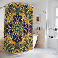 Bohemian Tile Shower Curtain — Golden Blue Moroccan Mandala Bath Decor