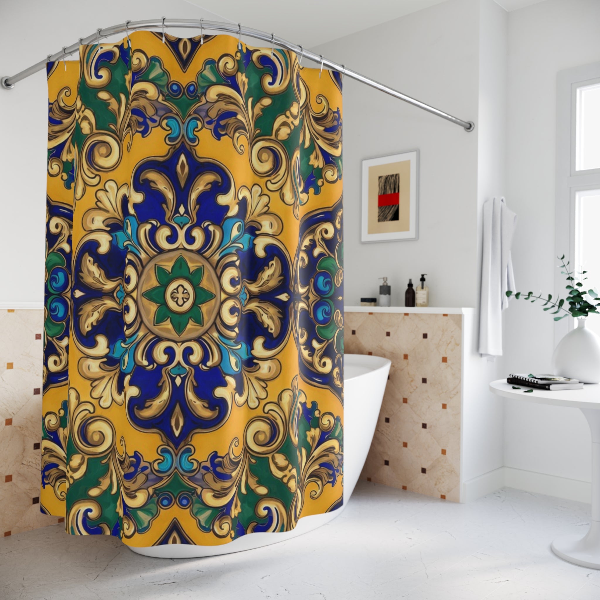 Bohemian Tile Shower Curtain — Golden Blue Moroccan Mandala Bath Decor