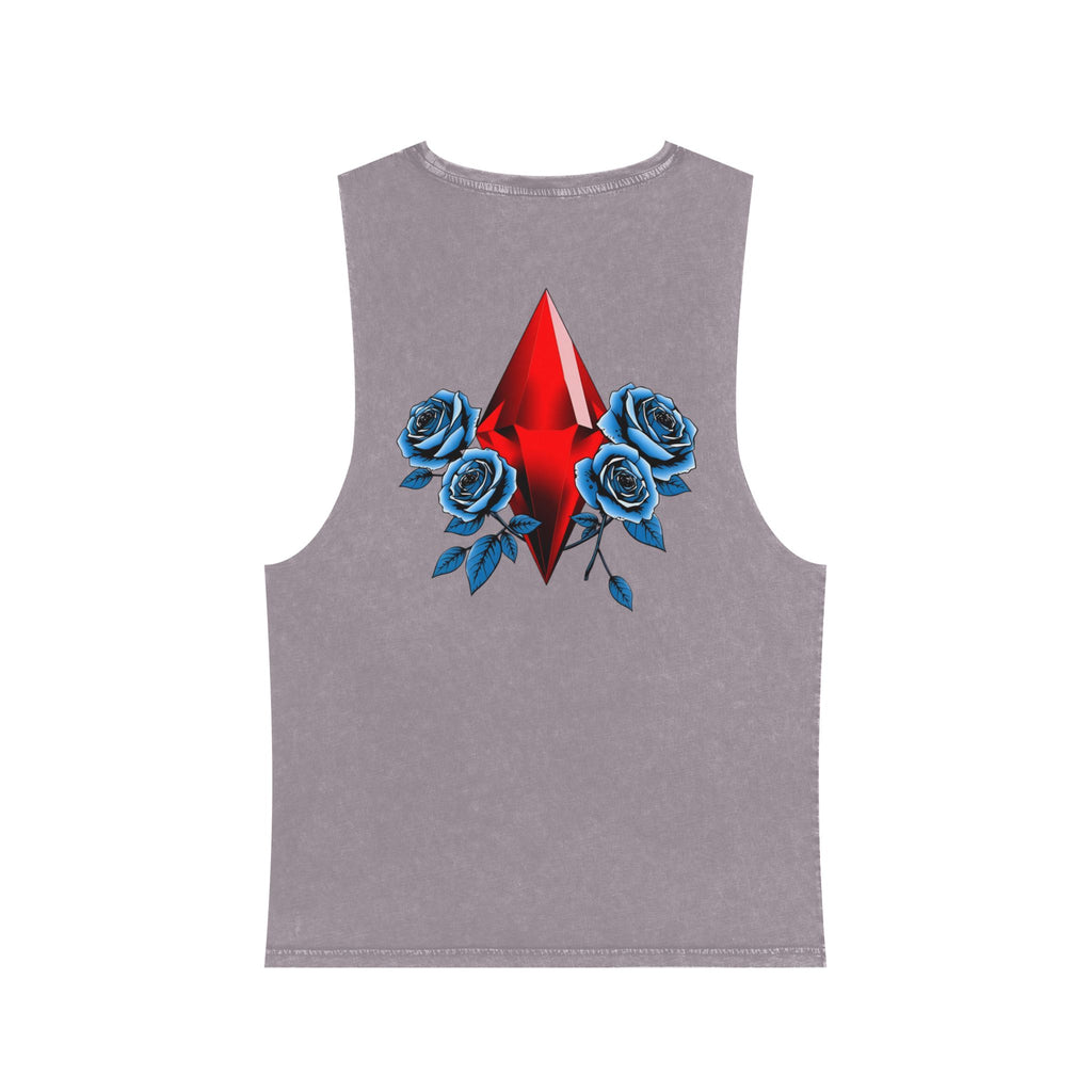 Exquisite 24 'Royalty Within' Stonewash Tank Top — Red Jewel & Blue Roses Graphic