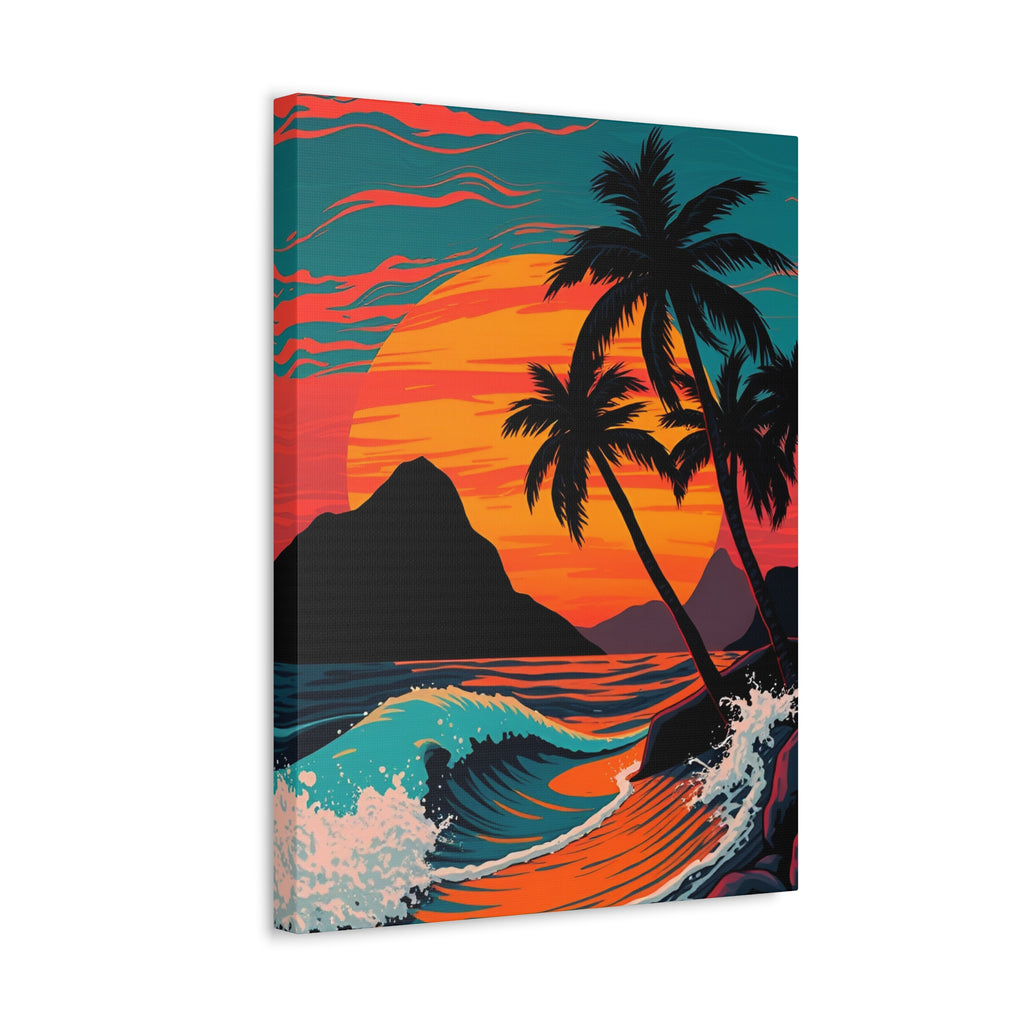 Tropical Sunset Canvas Wall Art — Palm Trees and Ocean Waves Stretched Canvas