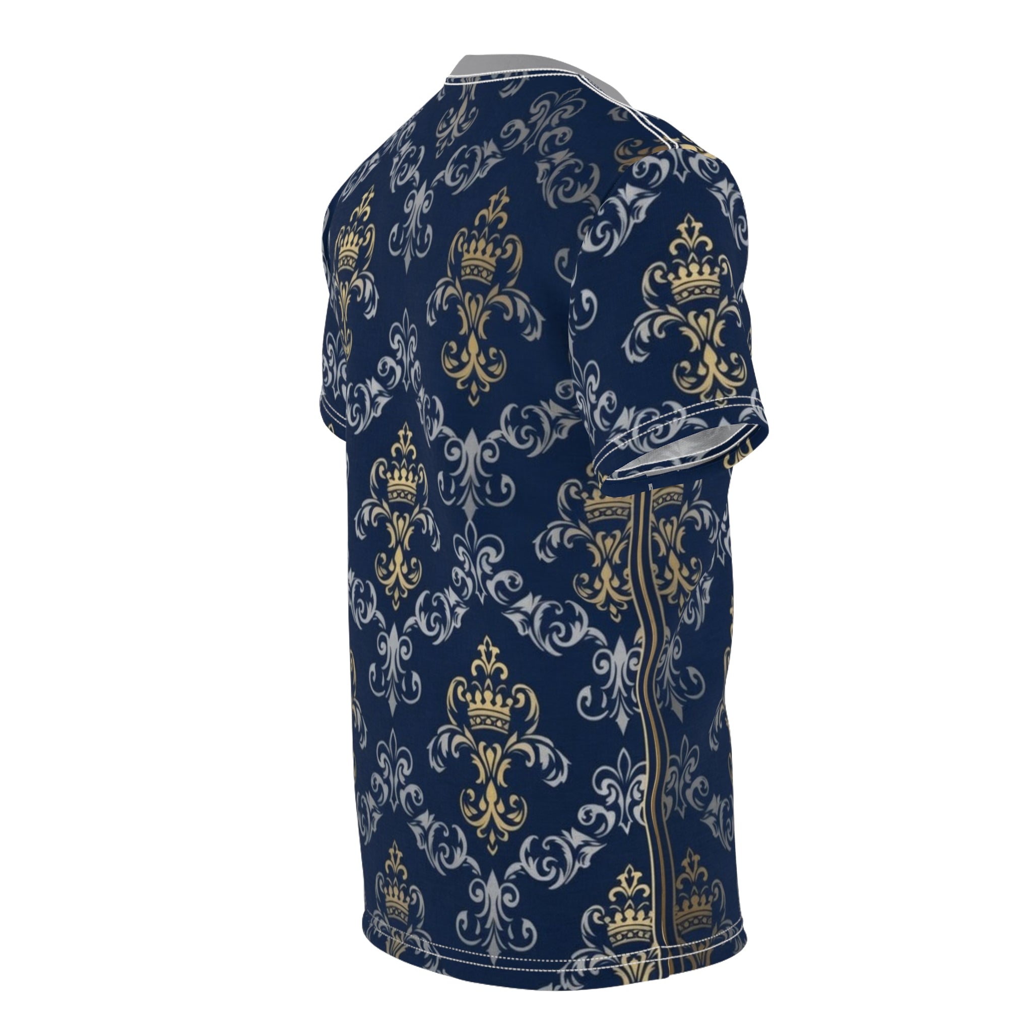 Royal Crest Pattern Tee — Navy Gold Damask All-Over Print T-Shirt