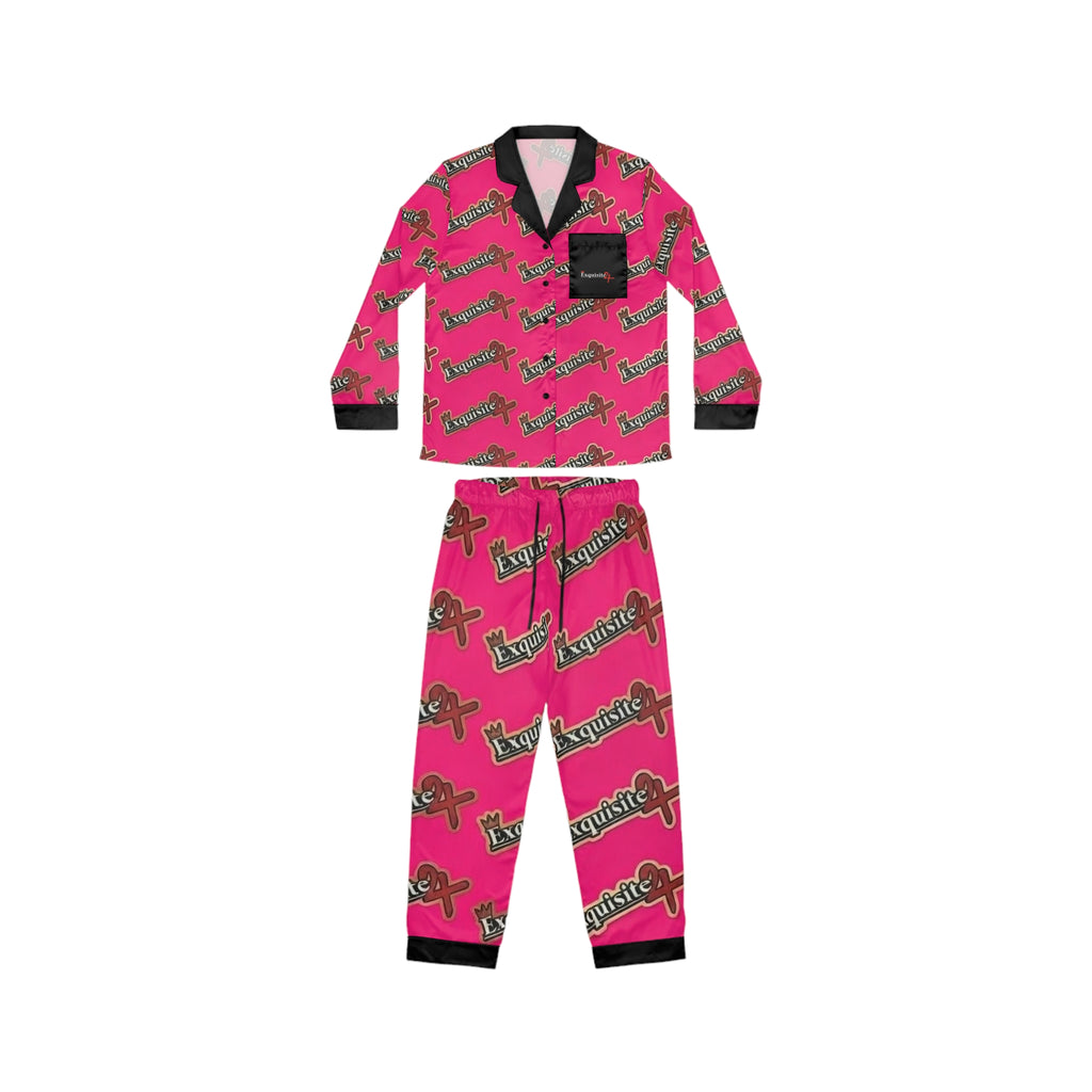 Hot Pink Satin Pajama Set – All-Over ‘ Exquisite 24’ Script Lounge Sleepwear