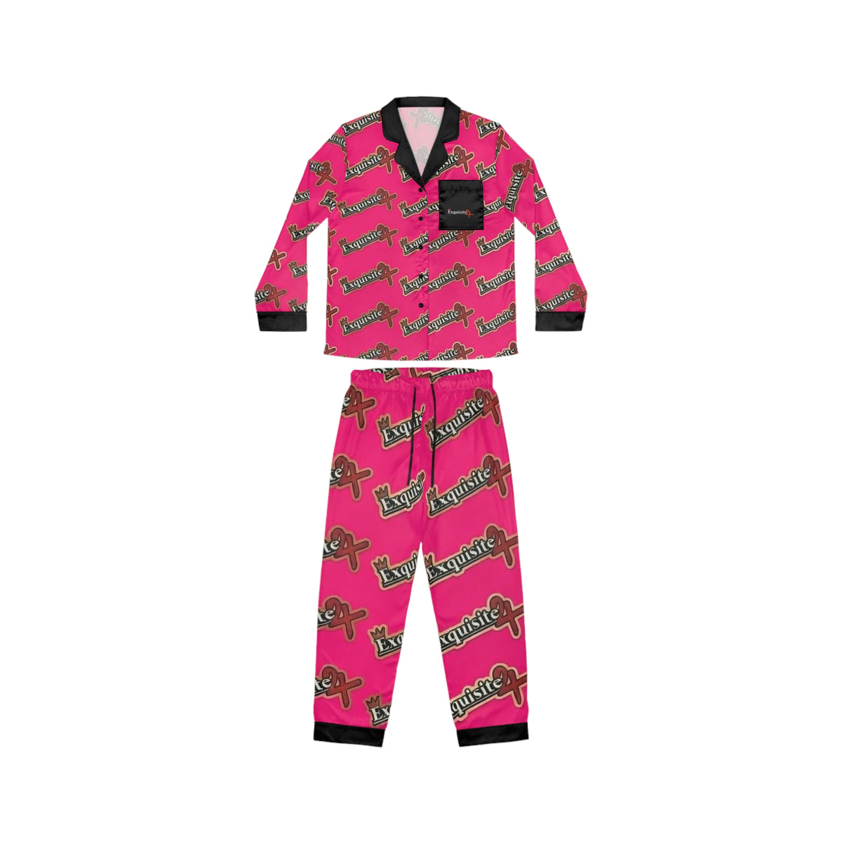 Hot Pink Satin Pajama Set – All-Over ‘ Exquisite 24’ Script Lounge Sleepwear