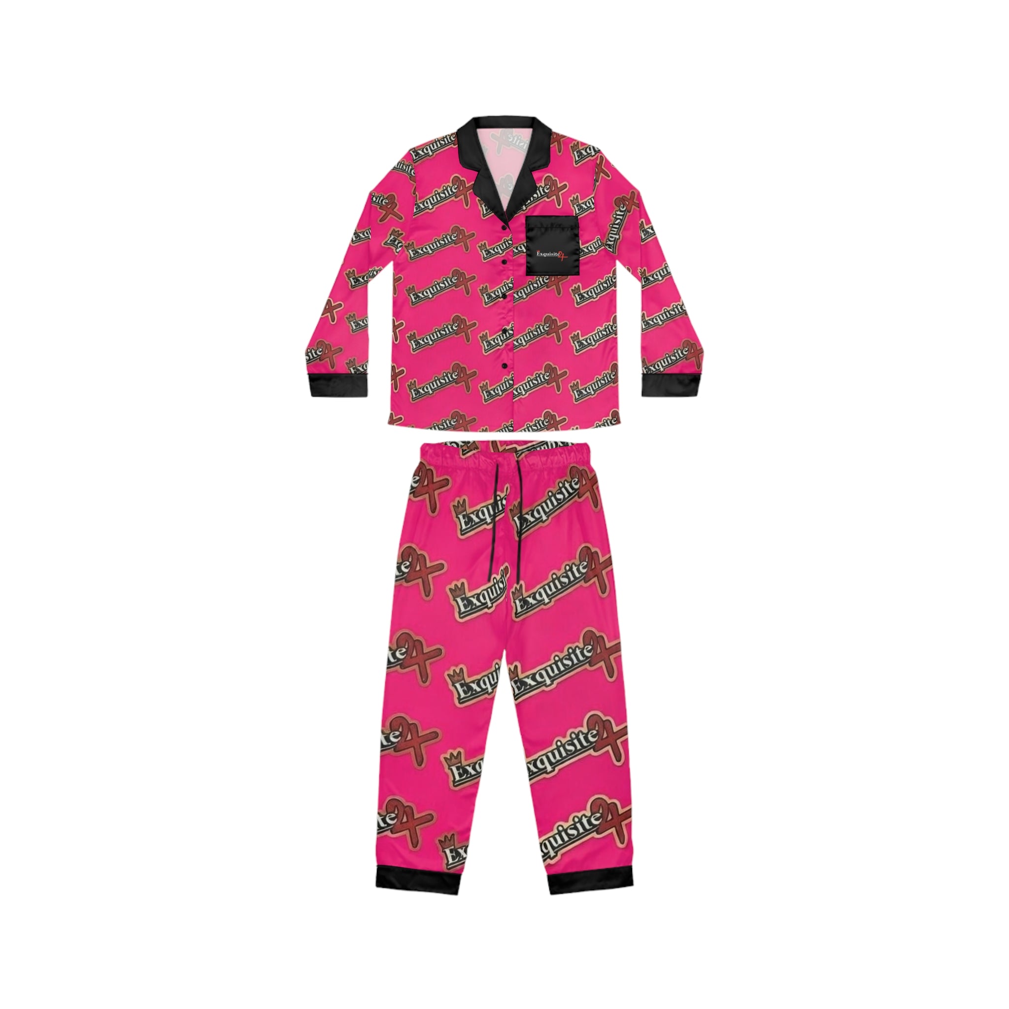 Hot Pink Satin Pajama Set – All-Over ‘ Exquisite 24’ Script Lounge Sleepwear