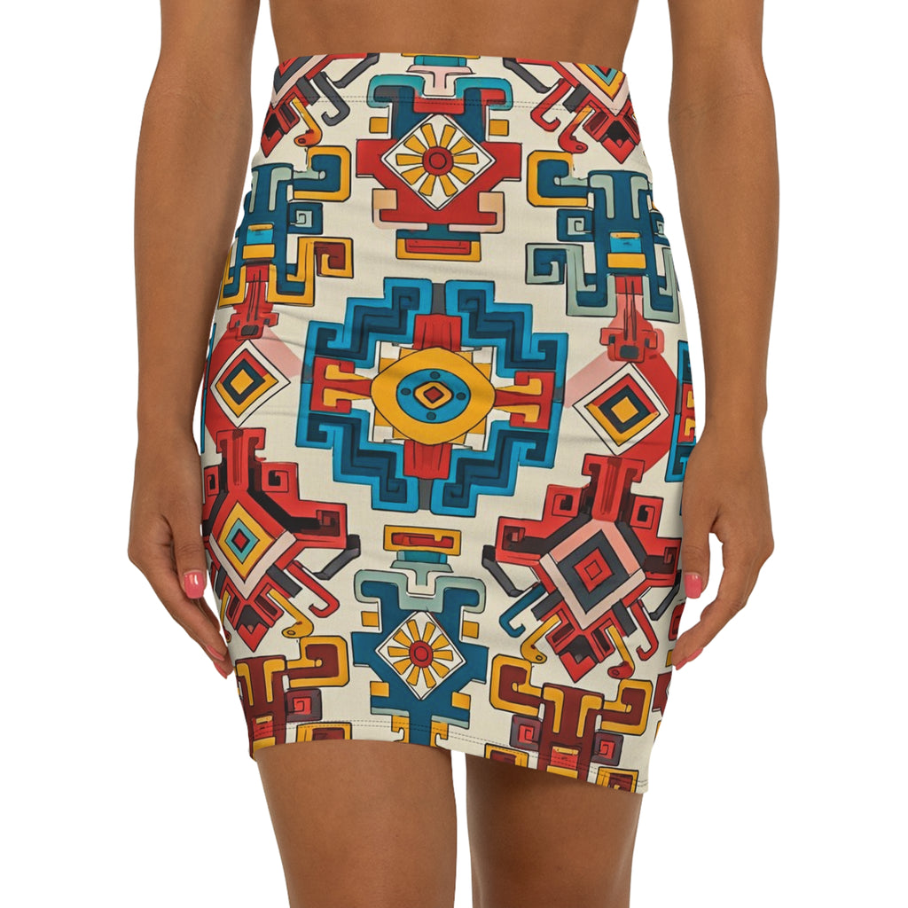 Boho Aztec Pencil Skirt — Colorful Geometric Print Mid-Waist Skirt