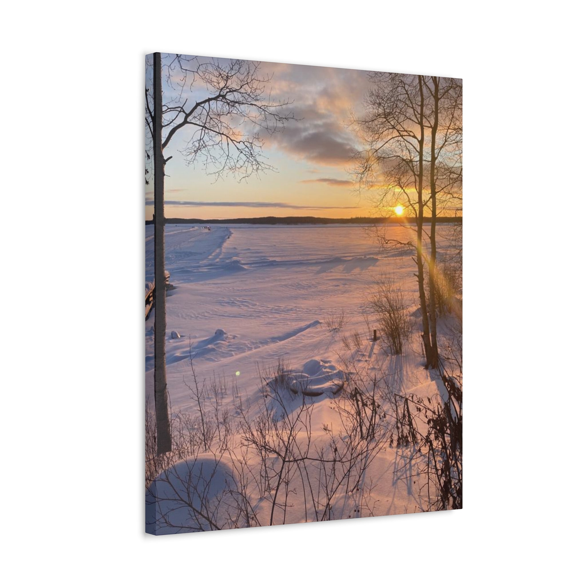 Sunset over Frozen Lake Stretched Canvas Wall Art