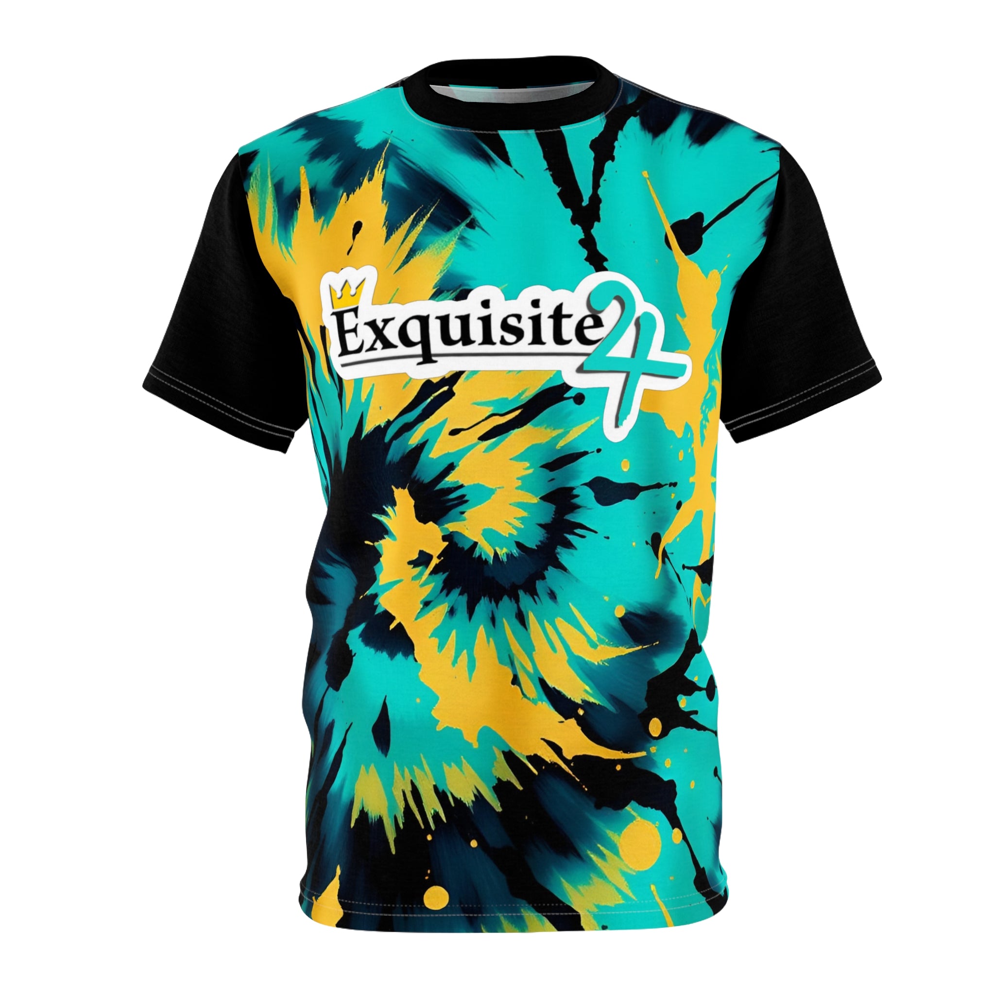 Tie-Dye Exquisite 24 Graphic Tee — Vibrant Teal & Yellow Spiral All-Over Print