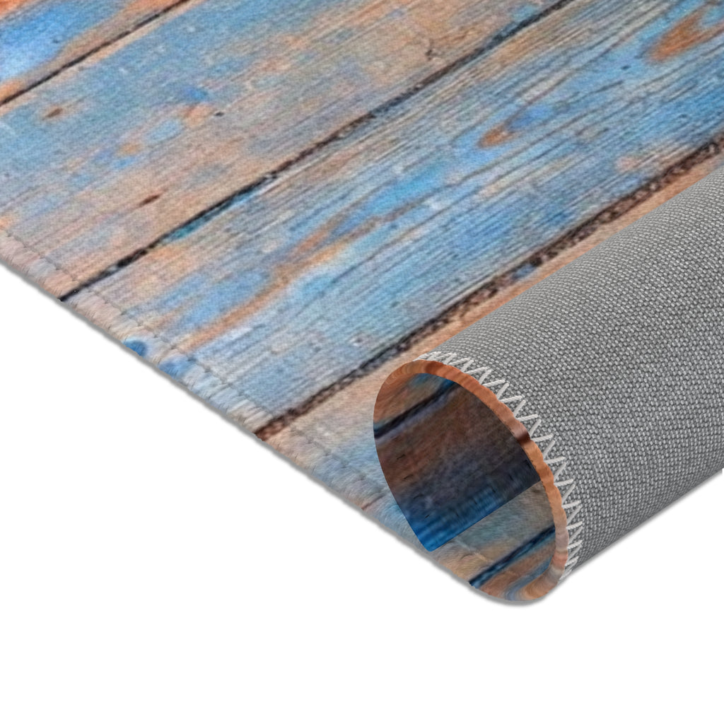 Rustic Blue Patina Wood Area Rug — Distressed Coastal Floor Decor