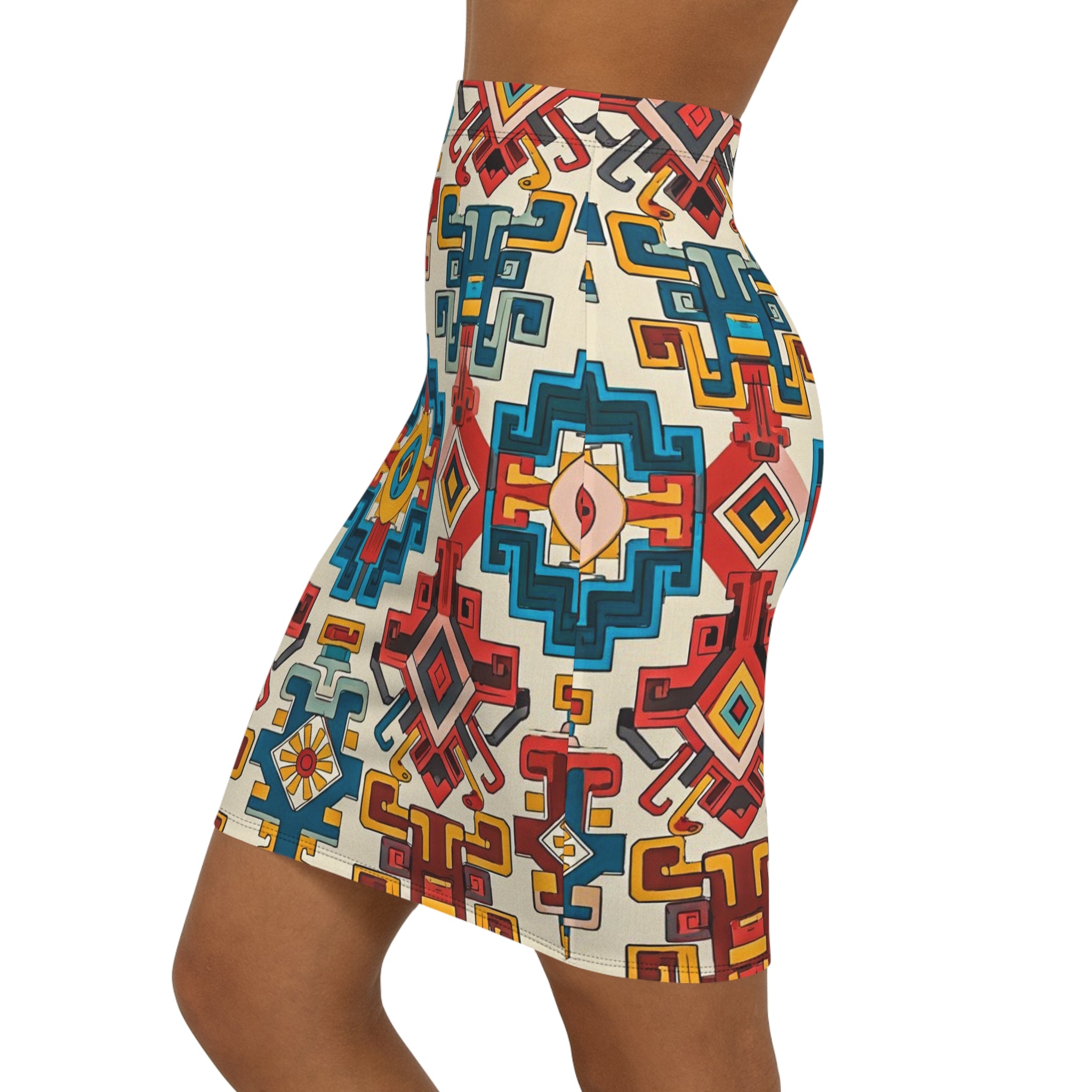 Boho Aztec Pencil Skirt — Colorful Geometric Print Mid-Waist Skirt