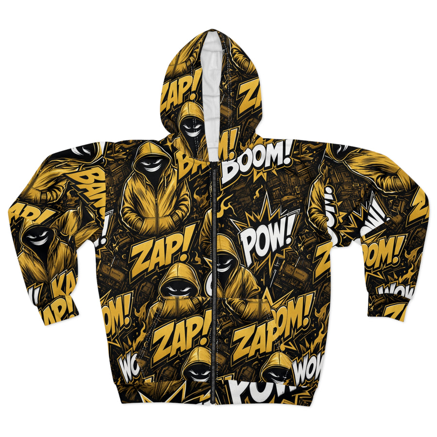 Yellow Hoodie Graphic Comic-Style Zip Hoodie