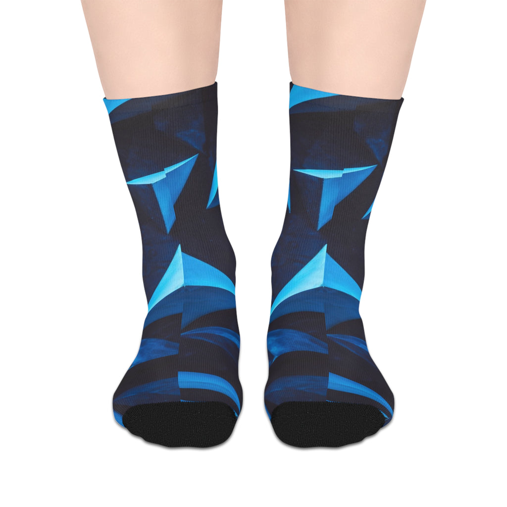 Abstract Blue Geometric Mid-Length Socks — Modern Triangle Pattern