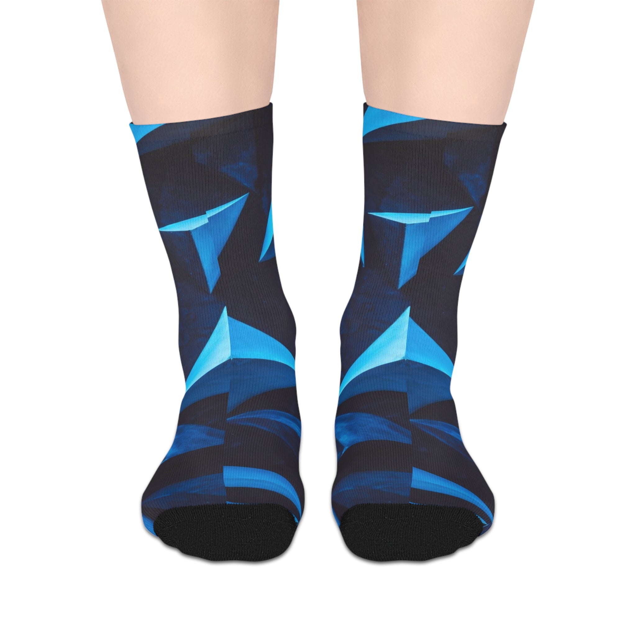 Abstract Blue Geometric Mid-Length Socks — Modern Triangle Pattern