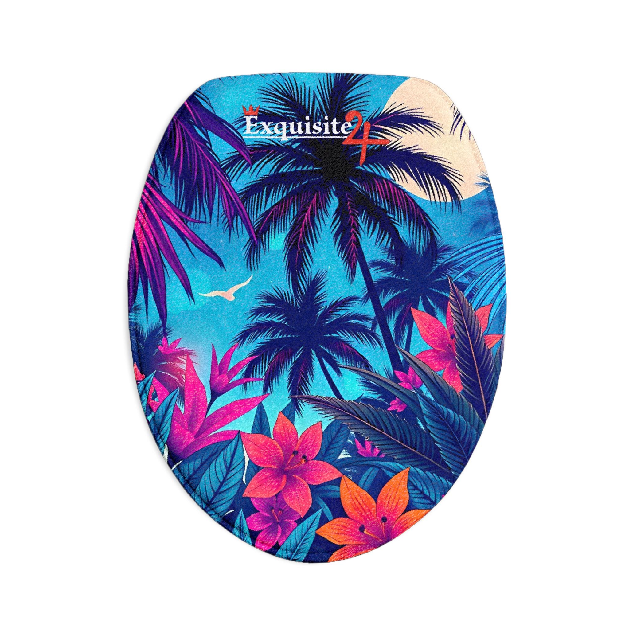 Tropical Palm Bathroom Three-Piece Set - Floral Beach Toilet Lid, Contour Mat & Bath Rug