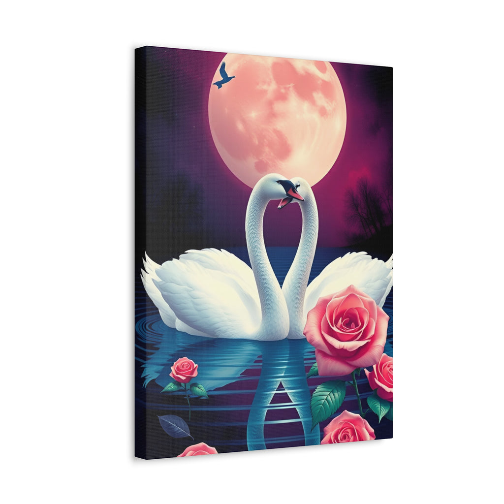 Swan Moon Stretched Canvas – Romantic Rose Lake Wall Art