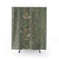 Botanical Gold Leaves Shower Curtain — Teal Green Floral Bathroom Decor