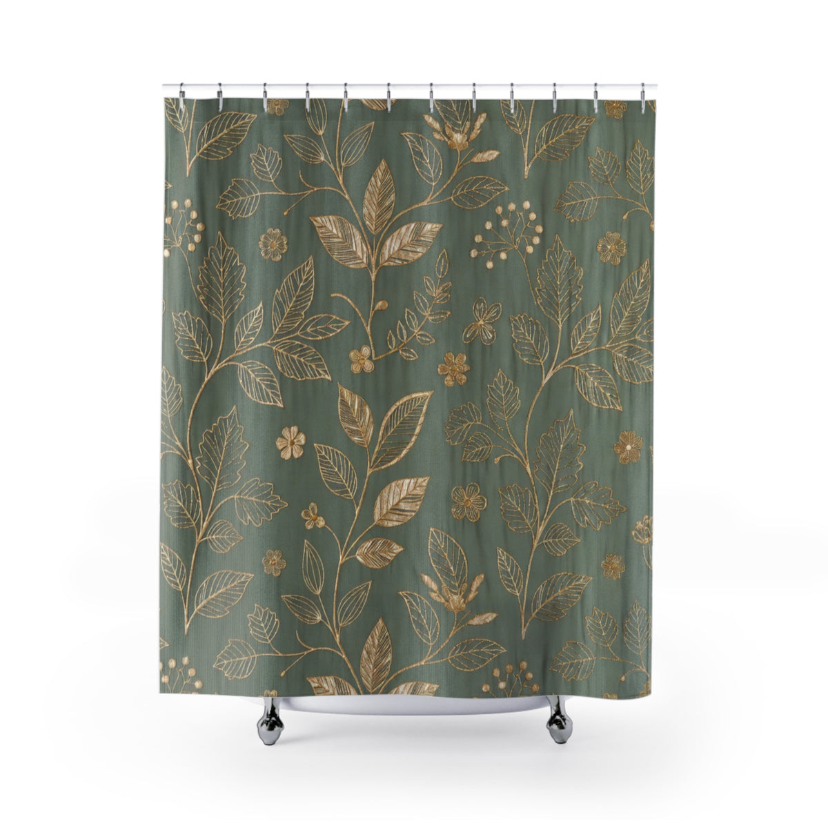 Botanical Gold Leaves Shower Curtain — Teal Green Floral Bathroom Decor