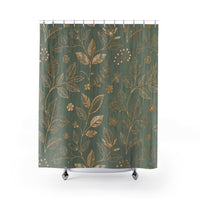 Botanical Gold Leaves Shower Curtain — Teal Green Floral Bathroom Decor