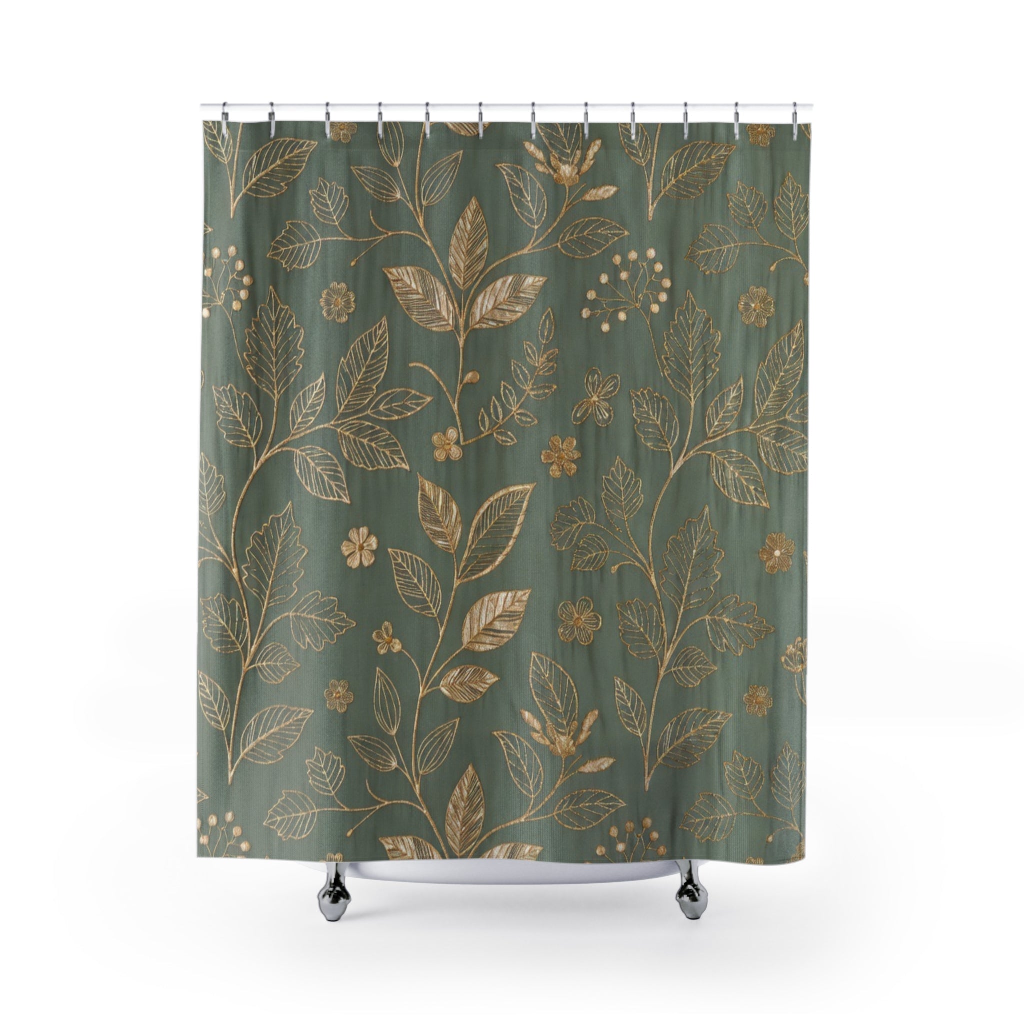 Botanical Gold Leaves Shower Curtain — Teal Green Floral Bathroom Decor