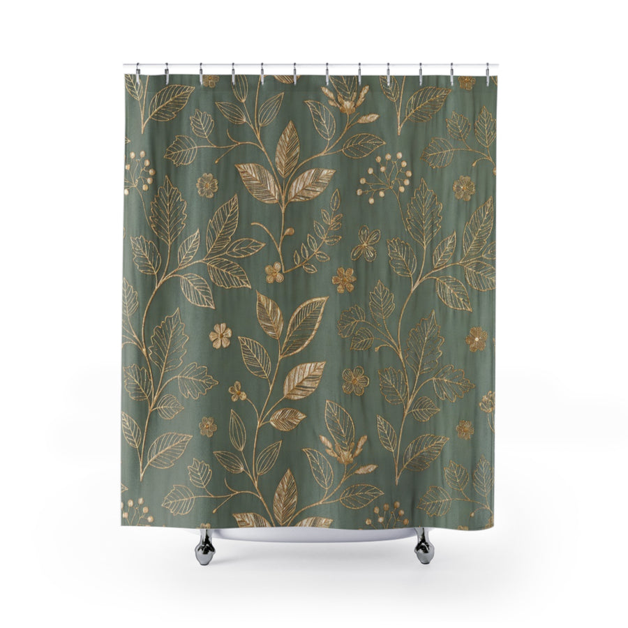 Botanical Gold Leaves Shower Curtain — Teal Green Floral Bathroom Decor