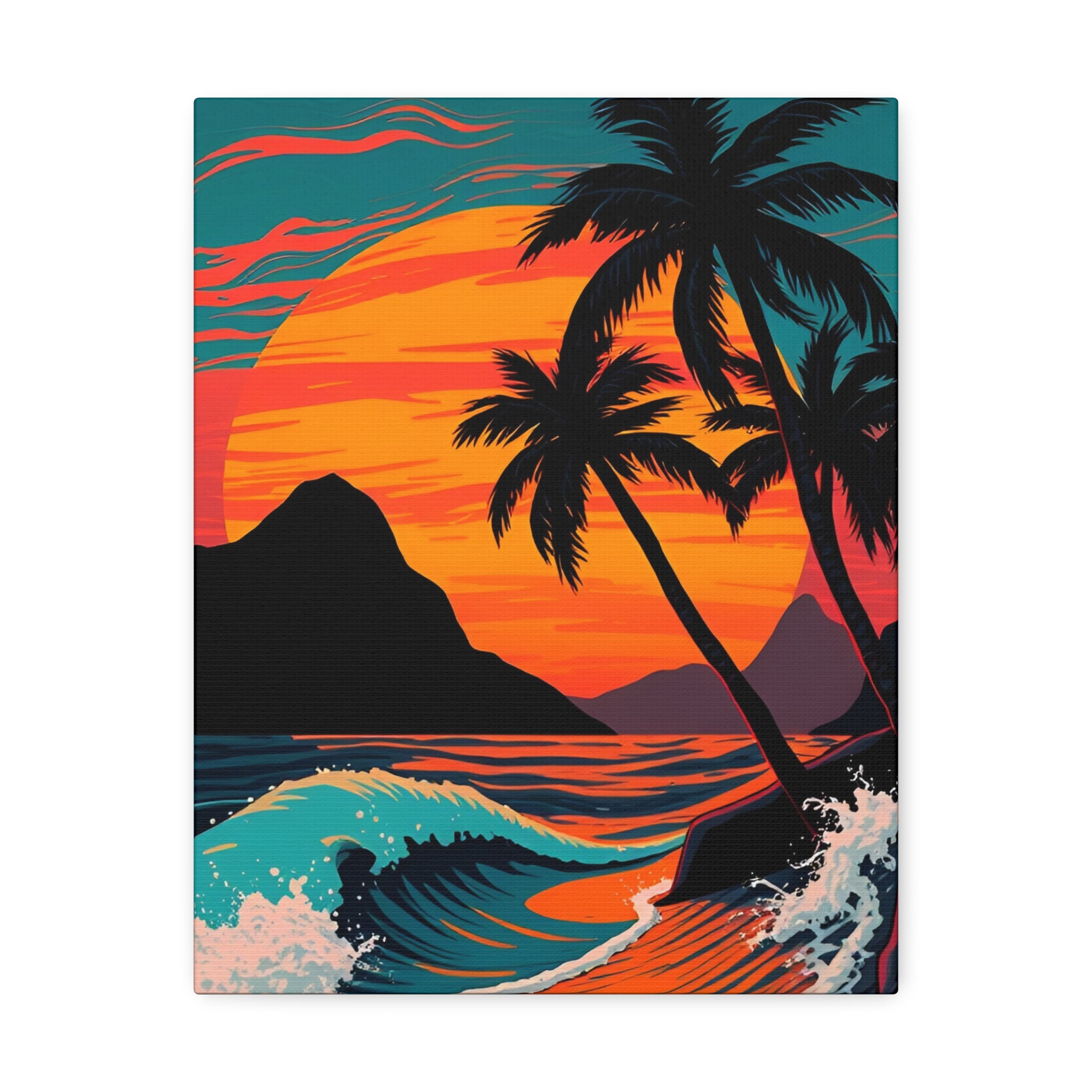 Tropical Sunset Canvas Wall Art — Palm Trees and Ocean Waves Stretched Canvas