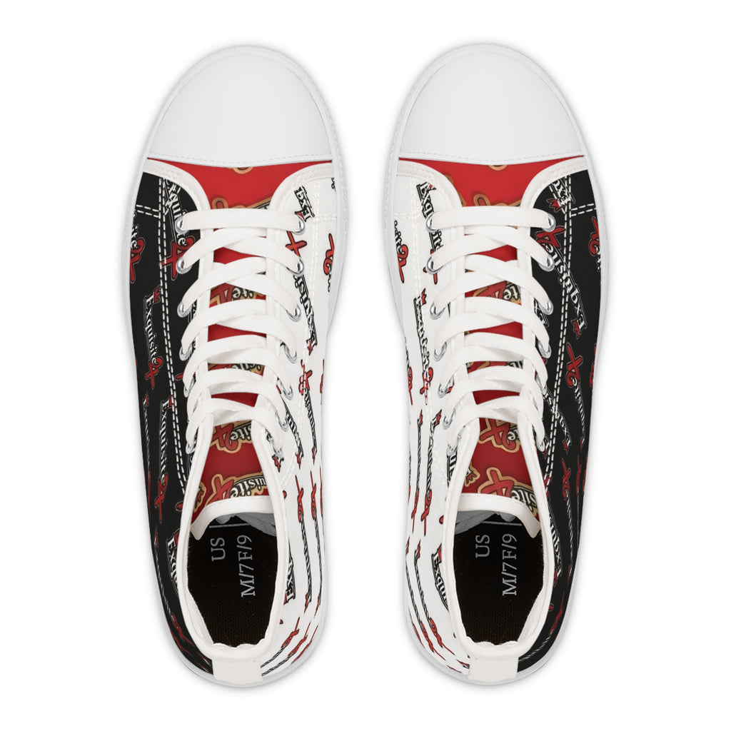 High Top Sneakers — Red & Black 'Exquisite 24' Logo Patterned Women's Canvas Shoes