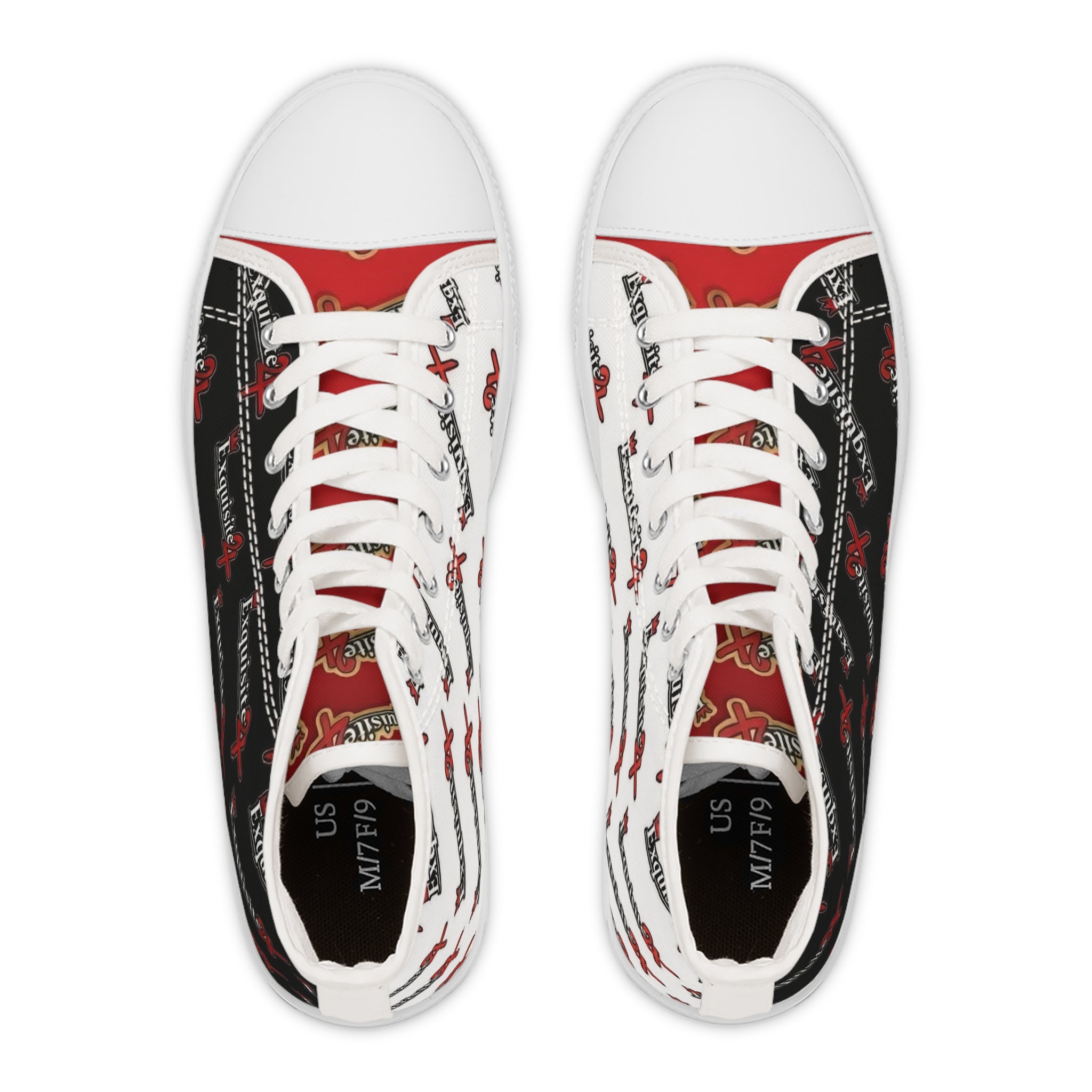 High Top Sneakers — Red & Black 'Exquisite 24' Logo Patterned Women's Canvas Shoes