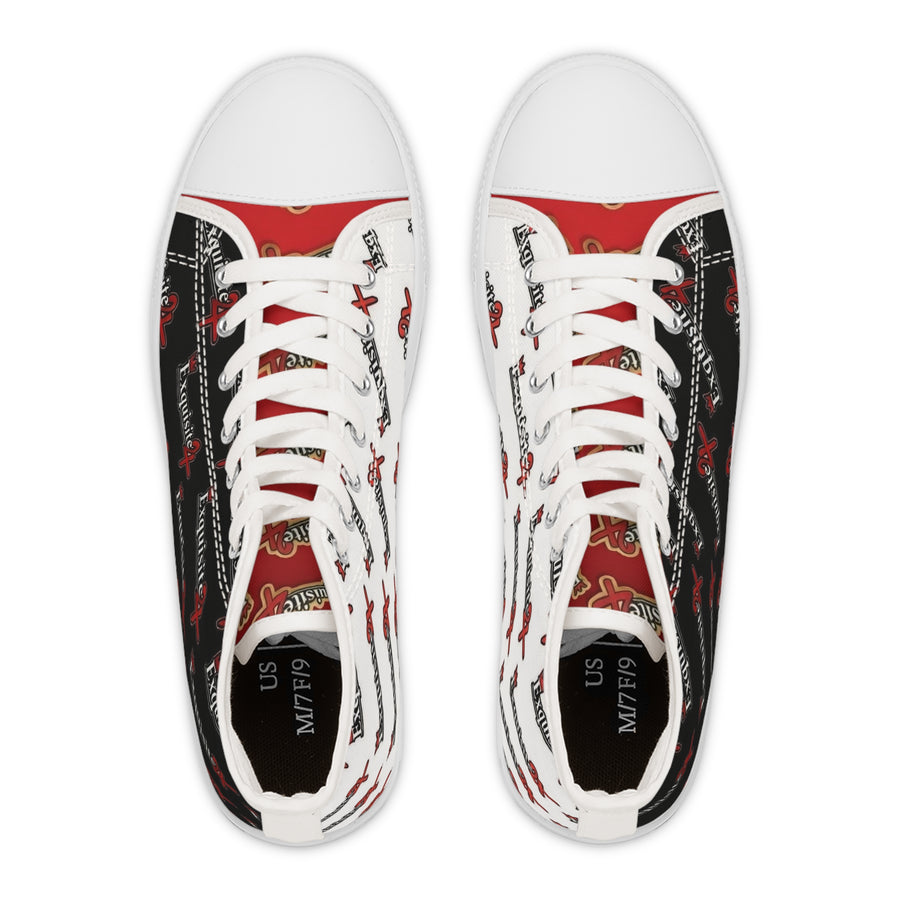 High Top Sneakers — Red & Black 'Exquisite 24' Logo Patterned Women's Canvas Shoes