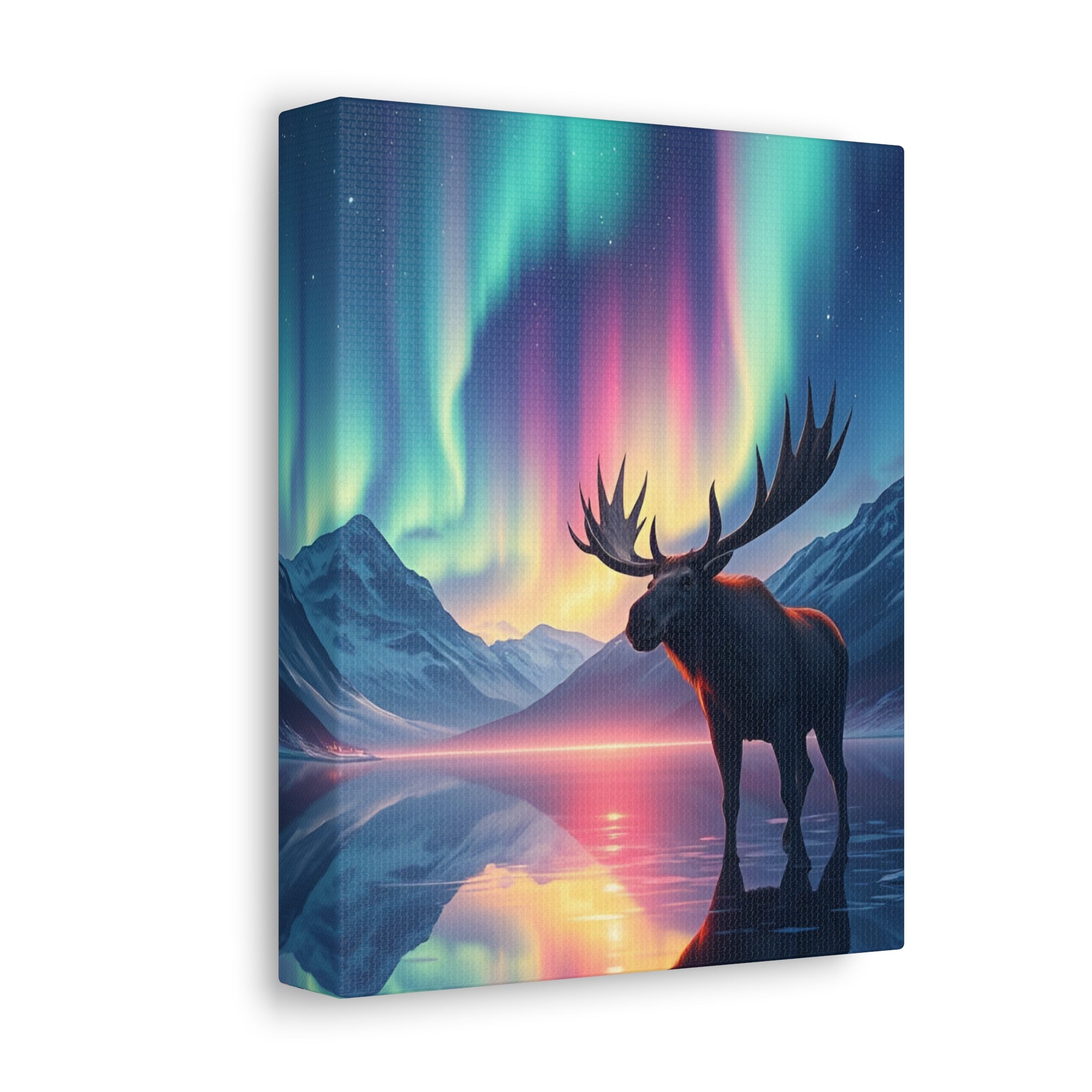 Aurora Moose Stretched Canvas – Northern Lights Landscape Wall Art