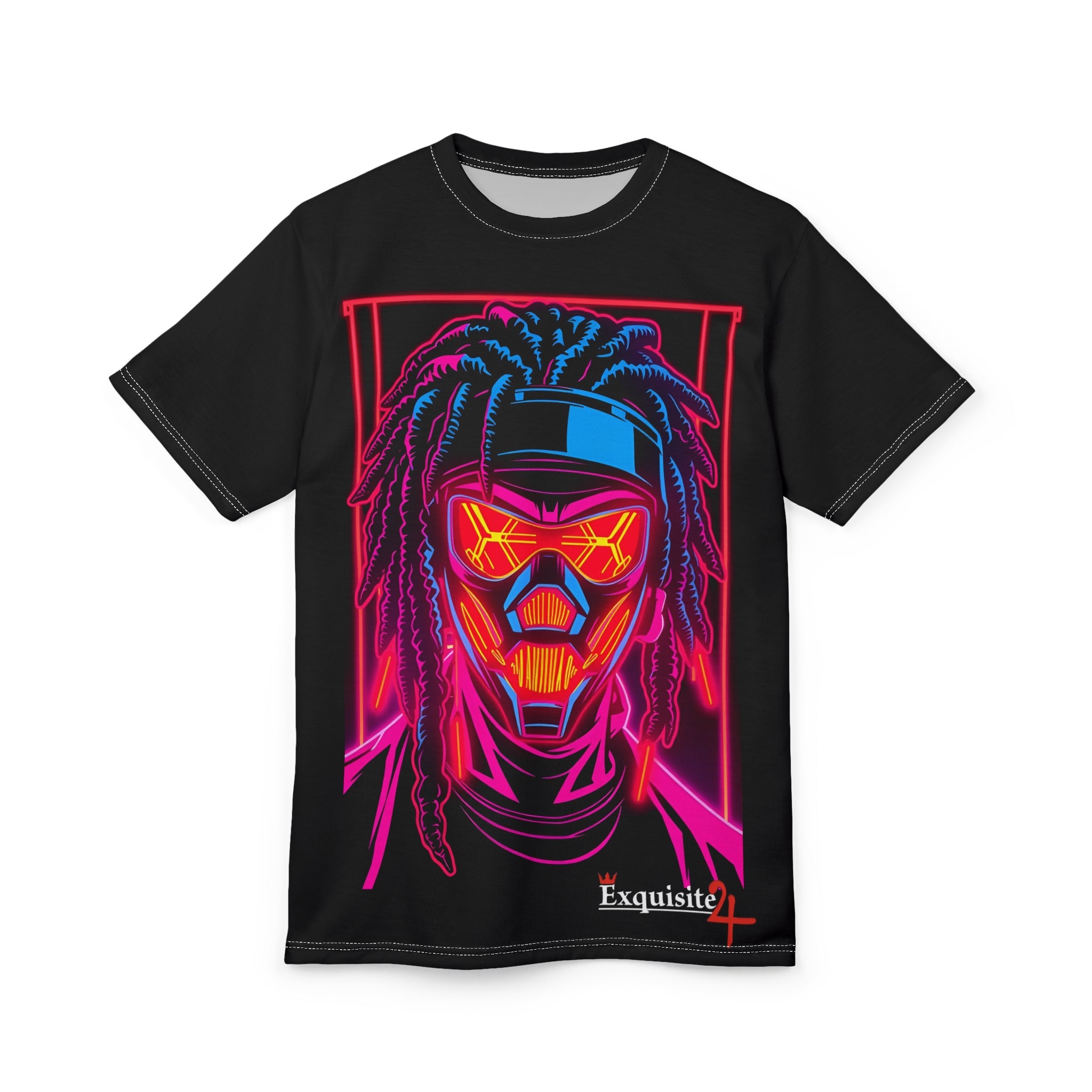 Cyberpunk Masked Dreadlocks Tee — Neon Futuristic Graphic T-Shirt