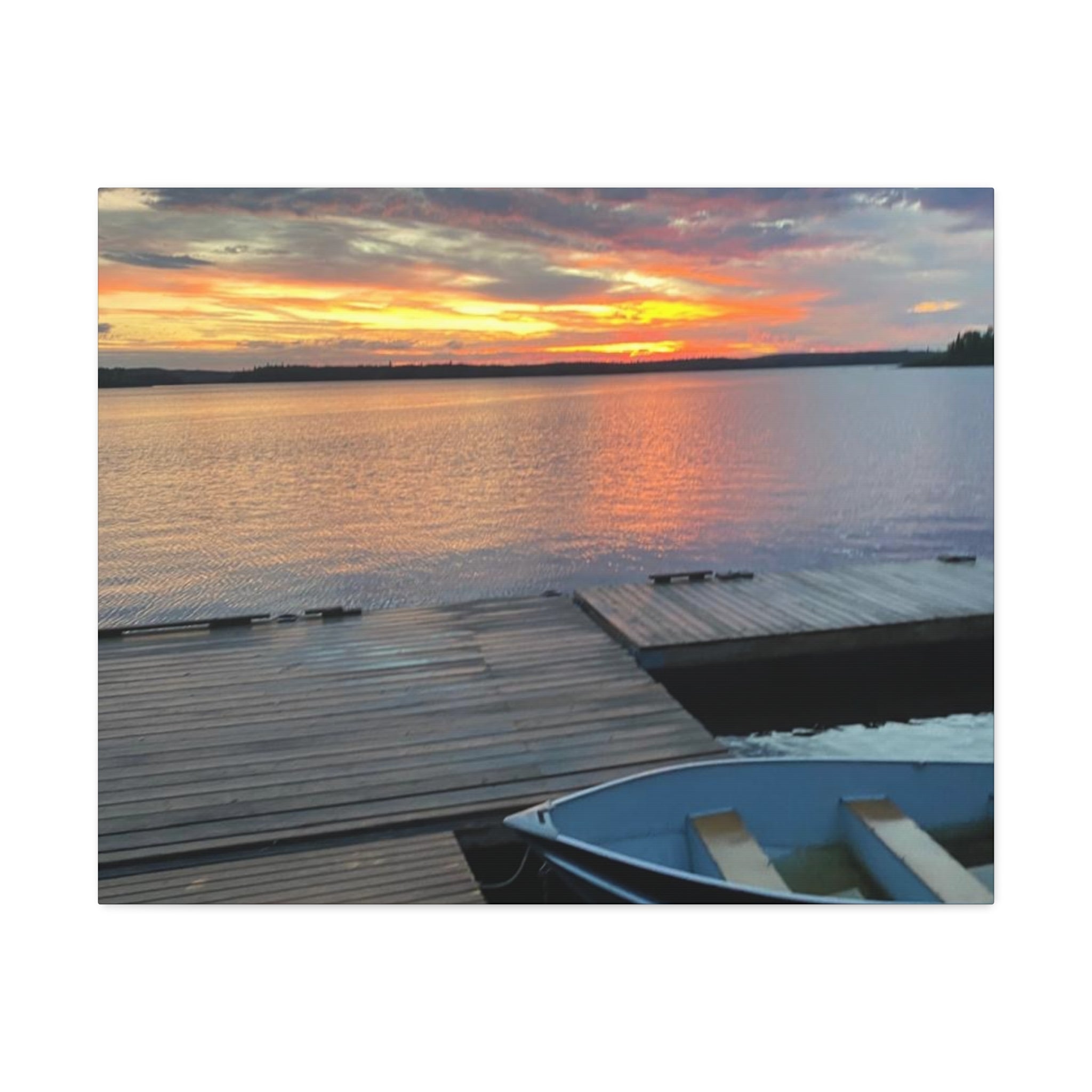Sunset Lake Dock Stretched Canvas - Tranquil Waterfront Wall Art