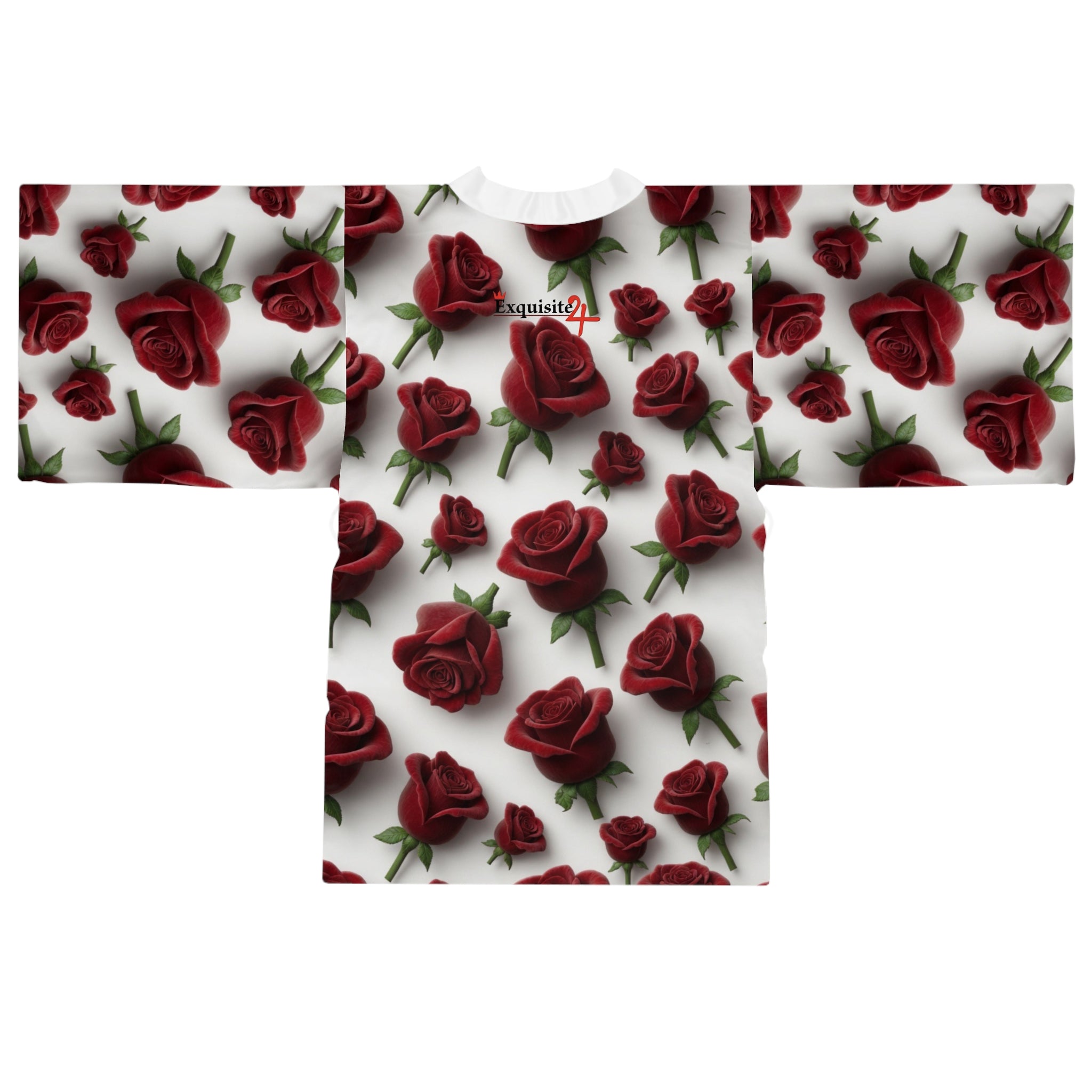 Rose Pattern Kimono Robe — Red Roses All-Over Print Long Sleeve