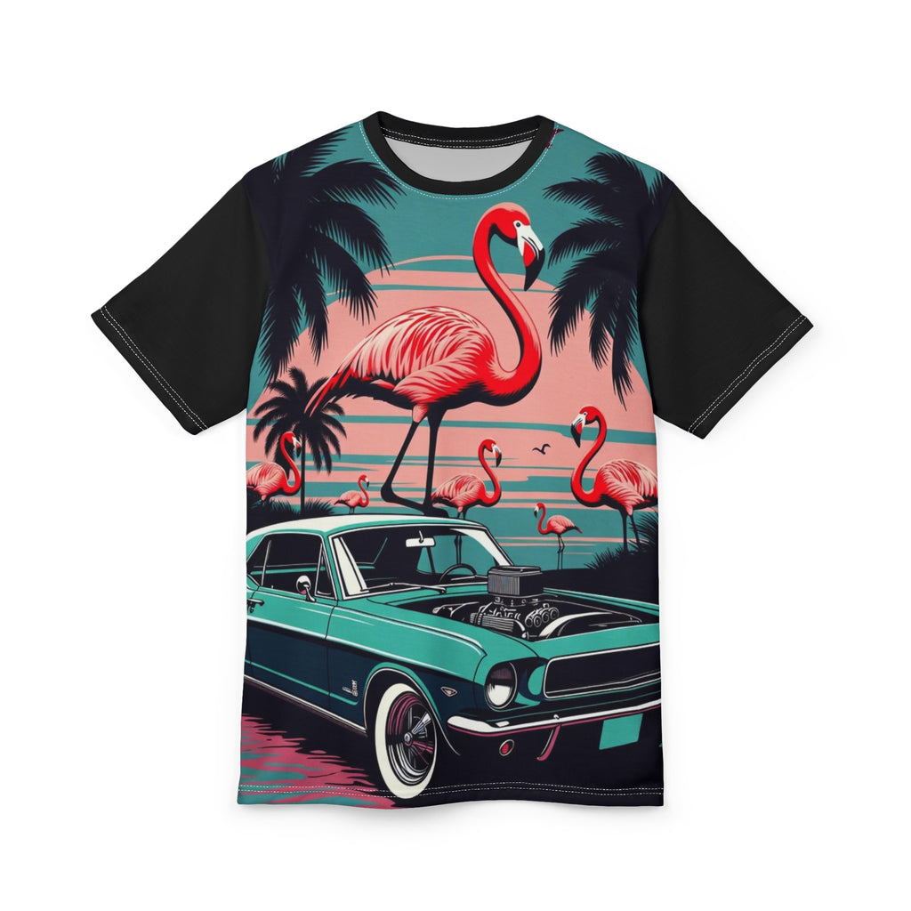 Retro Flamingo Muscle Car Tee — Vintage Tropical Sunset All-Over Print Shirt
