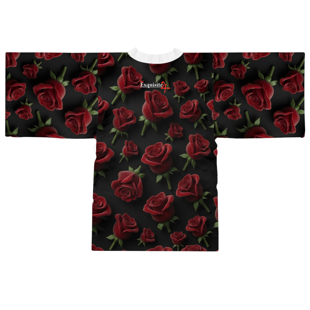 Rose Pattern Kimono Robe — Dark Floral Lounge Wrap