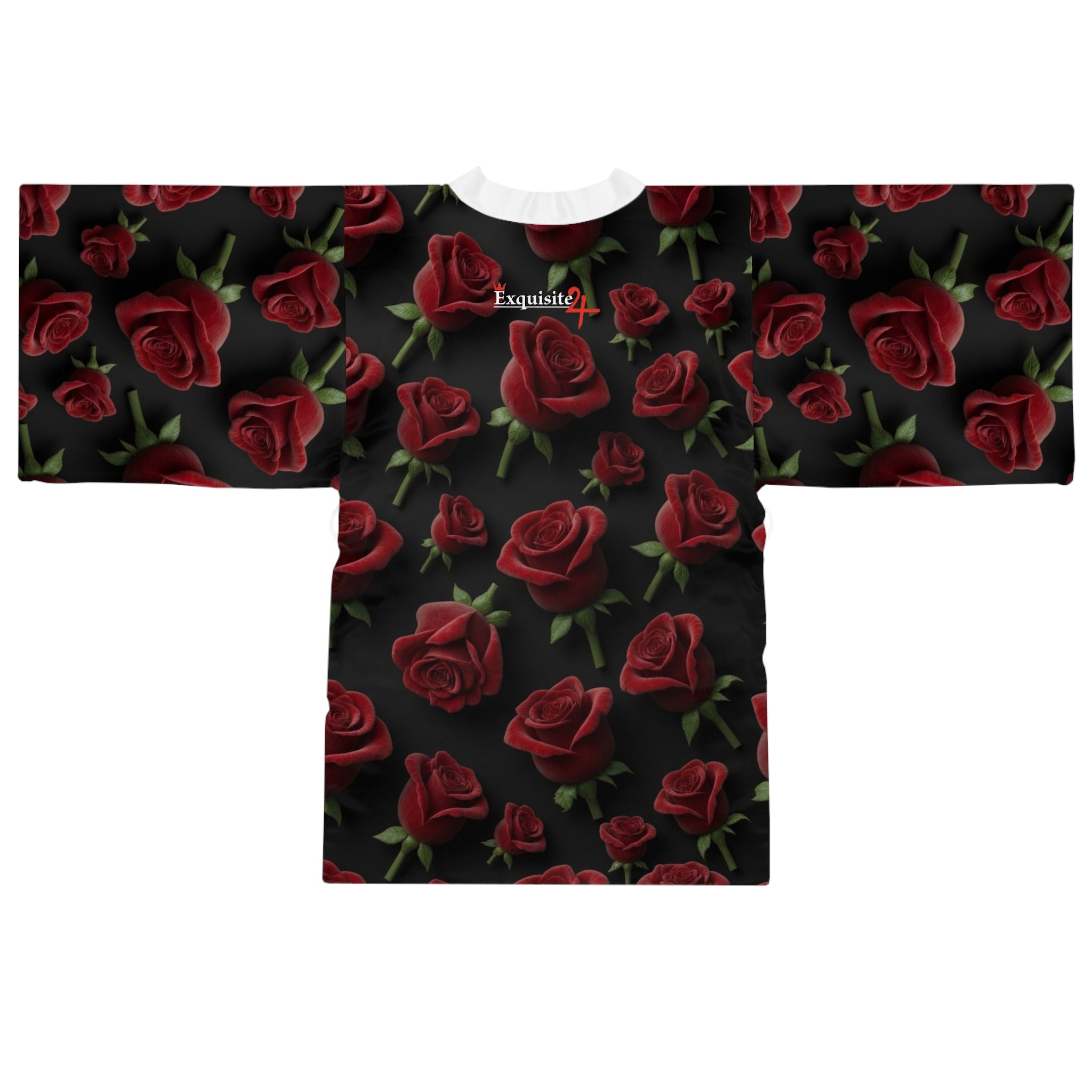 Rose Pattern Kimono Robe — Dark Floral Lounge Wrap