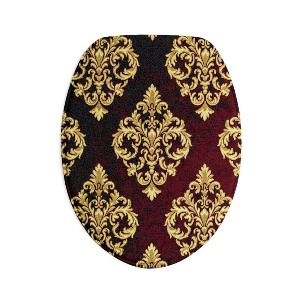 Damask Burgundy Toilet Three-Piece Set — Elegant Gold Pattern Bath Rug & Lid Cover